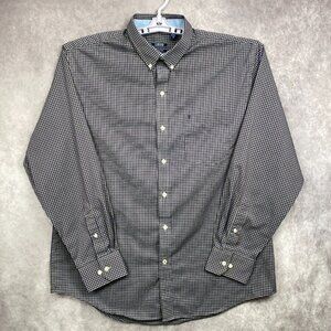 IZOD Button Down Shirt Mens Large Purple Green Gingham Plaid Non-Iron Stretch